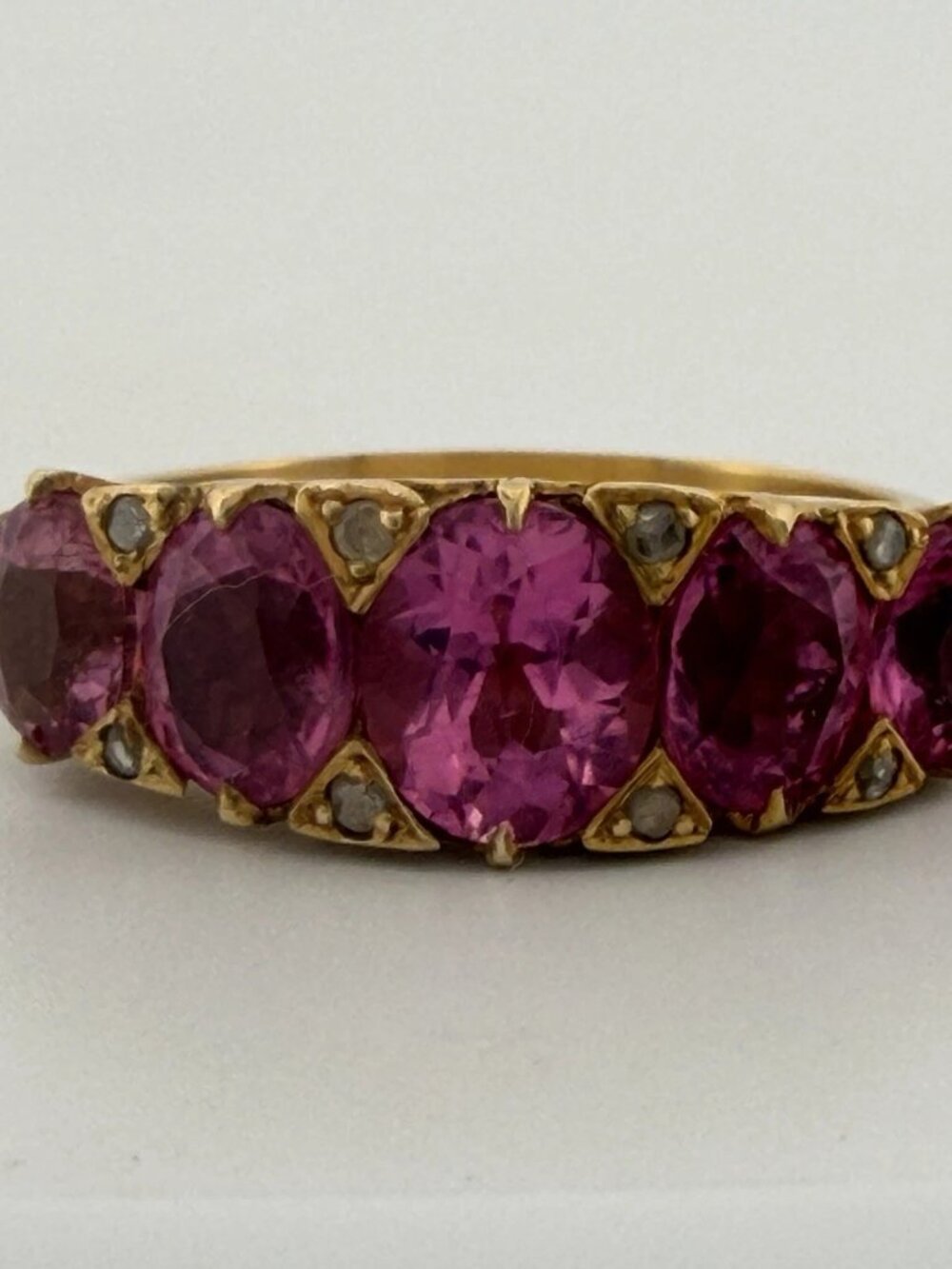 Vintage 15K Yellow Gold Pink Gemstone & Diamond Chip Ring Size 6 Estate
